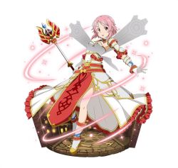 Rule 34 | 1girl, armpits, breasts, detached sleeves, full body, gloves, grey wings, hair ornament, hairclip, hammer, high heels, holding, holding weapon, lisbeth (sao-alo), long skirt, looking at viewer, mechanical wings, open mouth, pink hair, pointy ears, red eyes, short hair with long locks, sideboob, sidelocks, simple background, skirt, small breasts, solo, strapless, sword art online, weapon, white background, white gloves, wings