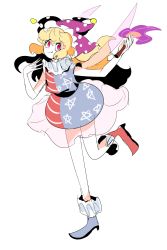 Rule 34 | 1girl, american flag dress, blonde hair, cake mogo, closed mouth, clownpiece, commentary, full body, hat, highres, holding, holding torch, jester cap, long hair, looking at viewer, neck ruff, purple hat, red eyes, simple background, solo, symbol-only commentary, tongue, tongue out, torch, touhou, white background