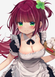 Rule 34 | 1girl, absurdres, alternate costume, apron, black dress, blush, breasts, cleavage, closed mouth, clover hair ornament, collar, collarbone, detached collar, dress, enmaided, food, four-leaf clover hair ornament, frilled apron, frilled dress, frills, green eyes, grey background, hair ornament, highres, holding, holding tray, ikazu401, lighter, long hair, looking at viewer, maid, marshmallow, medium breasts, multicolored hair, nagisa arcinia, nijisanji, nijisanji id, one side up, pink hair, puffy short sleeves, puffy sleeves, purple hair, short sleeves, simple background, smile, solo, streaked hair, tray, very long hair, virtual youtuber, white apron, white collar, wing collar