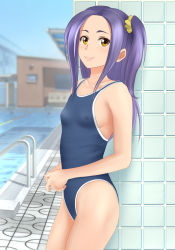 Rule 34 | 10s, 1girl, breasts, covered erect nipples, highres, hyong, kurokawa eren, long hair, md5 mismatch, one-piece swimsuit, precure, purple hair, resolution mismatch, school swimsuit, seiren (suite precure), small breasts, solo, source larger, suite precure, swimsuit, yellow eyes