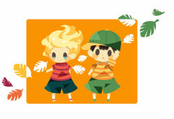 Rule 34 | 2boys, alternate color, arm at side, arm up, backpack, bag, baseball cap, black hair, black shorts, blonde hair, blush, blush stickers, full body, green footwear, green headwear, green shorts, hat, hitofutarai, leaf, lucas (mother 3), mother (game), mother 2, mother 3, multiple boys, ness (mother 2), nintendo, player 2, purple footwear, shirt, shorts, smile, socks, solid oval eyes, striped clothes, striped shirt, super smash bros., white socks