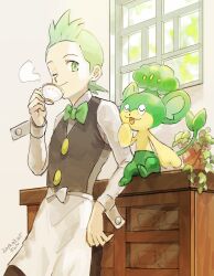 Rule 34 | 1boy, apron, black vest, bow, bowtie, cilan (pokemon), commentary, creatures (company), cup, drinking, fon-due (fonfon), game freak, gen 5 pokemon, green eyes, green hair, holding, holding cup, long sleeves, male focus, nintendo, one eye closed, pansage, plant, pokemon, pokemon (creature), pokemon bw, potted plant, red bow, red bowtie, shirt, short hair, smile, steam, symbol-only commentary, vest, waist apron, white shirt, window