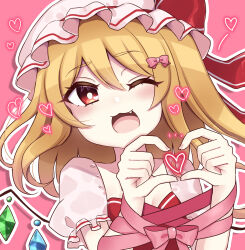 Rule 34 | 1girl, ;3, ;d, blonde hair, bow, bright pupils, commentary request, crystal, fang, flandre scarlet, hair bow, hat, heart, heart hands, highres, looking at viewer, medium hair, mob cap, one eye closed, open mouth, outline, pink background, pink bow, red eyes, short sleeves, simple background, smile, solo, subaru (subachoco), touhou, upper body, white hat, white outline, white pupils, wings