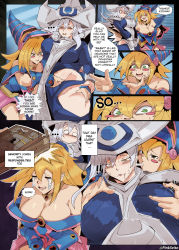 Rule 34 | ..., 2girls, blonde hair, book, breasts, clothes, crying, dark magician girl, english text, female pervert, grabbing, grabbing another&#039;s breast, grabbing from behind, green eyes, hand under clothes, highres, leg grab, long hair, looking at viewer, medium breasts, multiple girls, nipple stimulation, nipple tweak, orphen (pink seito), pervert, silent magician, speech bubble, thought bubble, yellow eyes, yu-gi-oh!, yuri