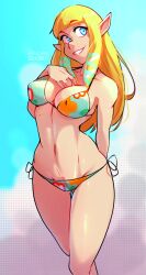 Rule 34 | 1girl, absurdres, arms behind back, bare shoulders, bikini, blonde hair, blue eyes, breasts, cleavage, cloud, collarbone, commentary, cowboy shot, day, elf, english commentary, floral print, gluteal fold, groin, halterneck, hand on own chest, haysey, highres, lips, long hair, looking at viewer, medium breasts, navel, nintendo, open mouth, outdoors, pointy ears, princess zelda, shiny skin, skindentation, sky, smile, solo, standing, stomach, string bikini, swimsuit, the legend of zelda, the legend of zelda: skyward sword, thigh gap, thighs, twitter username, wide hips
