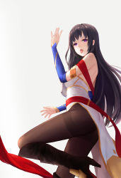 Rule 34 | 1girl, :p, armlet, bad id, bad pixiv id, bare back, bare shoulders, black hair, boots, brown footwear, brown pantyhose, character request, cjyoung, commentary, cowboy shot, detached sleeves, dress, eyelashes, fate/grand order, fate (series), from side, groin, hands up, high heel boots, high heels, highres, knee boots, leg up, looking at viewer, open mouth, original, pantyhose, pelvic curtain, purple eyes, red ribbon, ribbon, saliva, shoulder blades, simple background, solo, standing, standing on one leg, strapless, strapless dress, teeth, thighband pantyhose, tongue, tongue out, upper teeth only, white background, white dress