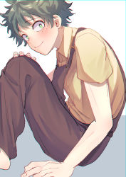 Rule 34 | 1boy, absurdres, blush, boku no hero academia, brown legwear, collared shirt, freckles, green eyes, green hair, hand on floor, hand on own knee, highres, looking at viewer, male focus, midoriya izuku, overalls, rapiko, shirt, simple background, sitting, smile, solo, white background, yellow shirt
