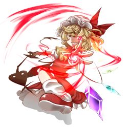 Rule 34 | 1girl, ascot, blonde hair, bow, female focus, flandre scarlet, glowing, glowing eye, grin, hat, hat bow, highres, hijiri (xxhizirixx), laevatein, outstretched hand, red eyes, short hair, side ponytail, simple background, skirt, skirt set, smile, solo, touhou, white background, wings