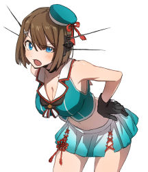 Rule 34 | 1girl, black gloves, blue eyes, blush, breasts, brown hair, cleavage, commentary, gloves, hair ornament, hand on own hip, hat, headgear, kantai collection, large breasts, maya (kancolle), maya kai ni (kancolle), mini hat, navel, open mouth, pleated skirt, sailor collar, simple background, skirt, sleeveless, solo, suzuka (suzuka9111), white background, x hair ornament