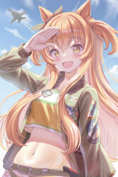 Rule 34 | 1girl, :d, absurdres, aircraft, airplane, animal ears, arm up, belt, blue sky, blush, bomber jacket, bow, breasts, brown ribbon, cloud, color pro, commentary request, cowboy shot, crop top, day, dog tags, ear ribbon, green belt, green jacket, hair between eyes, highres, horse ears, horse girl, jacket, long hair, long sleeves, looking at viewer, mayano top gun (umamusume), midriff, navel, open mouth, orange eyes, orange hair, partial commentary, ribbon, salute, shirt, short shorts, shorts, sidelocks, sky, small breasts, smile, solo, standing, two side up, umamusume, white shorts, yellow shirt