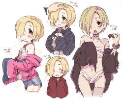 Rule 34 | 10s, 1girl, 7010, bandages, blonde hair, blush, brown eyes, character sheet, clothes writing, cropped legs, earrings, hair over one eye, heart, idolmaster, idolmaster cinderella girls, jewelry, looking at viewer, multiple views, navel, shirasaka koume, shorts, simple background, sleeves past wrists, smile, solo focus, stitches, sweat, thigh gap, tongue, tongue out, translation request, white background