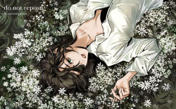 Rule 34 | 1girl, black hair, bra, breasts, carrotsprout, chainsaw man, cigarette, collared shirt, daisy, eyepatch, floral background, flower, flower bed, grass, green eyes, hair flowing over, highres, himeno (chainsaw man), holding, holding cigarette, looking at viewer, lying, on back, on flower, shirt, short hair, small breasts, solo, twitter username, underwear, white shirt