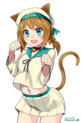 Rule 34 | &gt;:d, 10s, 1girl, 2015, :d, animal ears, bell, blue eyes, blush, bow, brown bow, cat ears, cat tail, collar, cowboy shot, dated, error musume, girl holding a cat (kancolle), hair bow, hat, highres, jingle bell, kantai collection, kemonomimi mode, kuro chairo no neko, long sleeves, navel, neck bell, open mouth, paw print, personification, pleated skirt, purple ribbon, ribbon, school uniform, serafuku, short hair, short twintails, shoshinsha mark, simple background, skirt, smile, solo, tail, twintails, twitter username, v-shaped eyebrows, white background