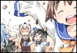 Rule 34 | 4girls, amatsukaze (kancolle), beans, black vest, blue hair, blue sailor collar, brown dress, dress, grey skirt, hair tubes, ham (points), hat, hatsukaze (kancolle), kantai collection, long hair, mini hat, multiple girls, neckerchief, open mouth, round teeth, sailor collar, sailor dress, shirt, skirt, sleeves past fingers, sleeves past wrists, teeth, throwing, tied dress, tokitsukaze (kancolle), two side up, upper teeth only, vest, white dress, white hair, white sailor collar, white shirt, yellow neckerchief, yukikaze (kancolle)
