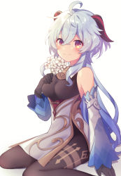 Rule 34 | 1girl, ahoge, bell, black bodysuit, blue hair, bodysuit, breasts, detached sleeves, flower, ganyu (genshin impact), genshin impact, grey eyes, hand on own chest, highres, holding, holding flower, horns, long hair, looking at viewer, low ponytail, medium breasts, neck bell, pantyhose, shirase (shirose), sidelocks, sitting, smile, solo, wariza