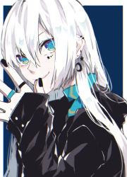 Rule 34 | 1girl, black jacket, black nails, blue background, blue eyes, blue ribbon, border, chromatic aberration, closed mouth, ear piercing, earrings, hands up, highres, jacket, jewelry, long hair, long sleeves, looking at viewer, nail polish, neck ribbon, original, own hands together, piercing, ribbon, ring, simple background, smile, solo, star (symbol), star earrings, star tattoo, tattoo, upper body, white border, white hair, yagi (shiro yagi)