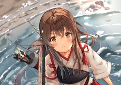 Rule 34 | 1girl, absurdres, akagi (kancolle), arrow (projectile), blush, bow (weapon), brown eyes, brown hair, dated, highres, hokekiyo, japanese clothes, kantai collection, long hair, looking at viewer, mast, muneate, quiver, signature, solo, tasuki, upper body, weapon