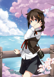 Rule 34 | 10s, 1girl, adjusting hair, ahoge, alternate costume, bird, black skirt, blue eyes, blush, braid, branch, camera, casual, cherry blossoms, cloud, cloudy sky, collared shirt, cowboy shot, day, fence, hair flaps, hair ornament, hair ribbon, highres, kantai collection, kujou ichiso, landscape, long sleeves, looking at viewer, necktie, ocean, official art, red necktie, red ribbon, ribbon, shigure (kancolle), shigure kai ni (kancolle), shirt, short hair, single braid, skirt, sky, smile, solo, text focus, tree shade, twin-lens reflex camera