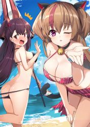 Rule 34 | 2girls, alternate costume, animal ears, ass, bad id, bad pixiv id, beach, bell, bikini pull, blowing kiss, blue sky, blush, breasts, brown hair, butt crack, cat ears, cat tail, choker, cleavage, clothes pull, cloud, collarbone, day, embarrassed, girls&#039; frontline, hair between eyes, hair ribbon, hand on own leg, hand up, heterochromia, highres, holding, holding umbrella, large breasts, leg up, long hair, looking at viewer, looking back, medium breasts, mk23 (girls&#039; frontline), multicolored hair, multiple girls, navel, neck bell, ocean, one eye closed, one side up, open mouth, purple eyes, purple hair, red eyes, ribbon, sand, sarong, sky, stomach, streaked hair, surprised, swimsuit, tail, tail bell, tail ornament, tearing up, thighs, togo (korlsj1235), tsurime, umbrella, very long hair, wa2000 (girls&#039; frontline), water, wedgie, wristband