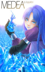 Rule 34 | 1girl, absurdres, artist name, blue eyes, blue hair, blue lips, braid, medea (fate), character name, commentary request, crystal, fate/grand order, fate/stay night, fate (series), figure, flower, gloves, highres, kappa-ron, lipstick, long hair, looking at viewer, looking back, makeup, side braid, solo