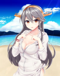 Rule 34 | 1girl, breasts, brown eyes, cleavage, grey hair, hair between eyes, hair ornament, hairclip, haruna (kancolle), haruna kai ni (kancolle), headgear, highres, hood, hooded sweater, ichimai (apieceof ray151), kantai collection, looking at viewer, medium breasts, official alternate costume, sarong, solo, sweater, upper body, white sarong, white sweater