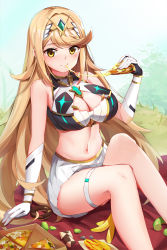 Rule 34 | 1girl, absurdres, adapted costume, bare shoulders, blonde hair, blush, breasts, chest jewel, cleavage, cleavage cutout, clothing cutout, day, eating, feet out of frame, food, gloves, highres, jewelry, kiiro kimi, large breasts, long hair, looking at viewer, midriff, miniskirt, mythra (xenoblade), navel, nintendo, outdoors, pizza, sitting, skirt, smile, solo, swept bangs, tiara, very long hair, white gloves, white skirt, xenoblade chronicles (series), xenoblade chronicles 2, yellow eyes