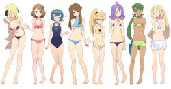 Rule 34 | 6+girls, puff of air, absurdres, acerola (pokemon), anger vein, arms behind back, bandeau, bandeau bikini, barefoot, bikini, bikini shorts, blonde hair, blue eyes, blue hair, blush, blush stickers, breasts, brown eyes, brown hair, cameltoe, cleavage, closed eyes, covered navel, creatures (company), cynthia (pokemon), dark-skinned female, dark skin, feet, flat chest, front-tie top, full body, game freak, goggles, goggles on head, green (pokemon), green eyes, green hair, grin, hair over one eye, halterneck, hanging breasts, highres, lana (pokemon), leaning forward, lillie (pokemon), long hair, looking at another, looking at viewer, looking away, mallow (pokemon), medium breasts, multiple girls, musical note, navel, nintendo, one-piece swimsuit, one eye closed, pokemon, pokemon (anime), pokemon adventures, pokemon dppt, pokemon dppt (anime), pokemon sm, pokemon sm (anime), pokemon xy (anime), ponytail, pout, purple hair, qb, quaver, sarong, see-through, serena (pokemon), short hair, shorts, side-tie bikini bottom, simple background, small breasts, smile, standing, swimsuit, toes, twintails, underboob, very long hair, water gun, white background, yellow (pokemon), yellow eyes
