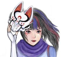 Rule 34 | 1girl, beautiful, black and red and purple hair, holding kitsune mask, insanely hot, kitsune marks, kunimitsu ii, kunoichi, purple eyes, namco, okcurr, tekken