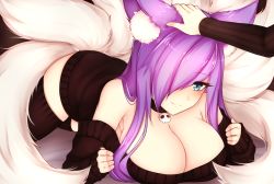 Rule 34 | 1girl, animal ears, bare shoulders, black choker, black sweater, black thighhighs, blue eyes, blush, breasts, choker, cleavage, closed mouth, fox ears, fox tail, foxykuro, hair over one eye, kurona reole, large breasts, light purple hair, long hair, long sleeves, looking at viewer, lying, multiple tails, on stomach, original, skull, smile, sweater, tail, thighhighs, very long hair