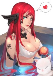 Rule 34 | 10s, 1girl, aqua eyes, au ra, bikini, bikini top only, breasts, cleavage, covered erect nipples, final fantasy, final fantasy xiv, heart, large breasts, long hair, looking at viewer, medium breasts, moogle, partially submerged, realistic, red hair, sitting, smile, solo, spoken heart, strap gap, swimsuit, upper body, white background, white bikini, xiang wan wei wan