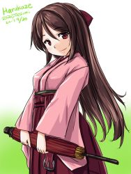 Rule 34 | 1girl, alternate hairstyle, character name, closed mouth, closed umbrella, dated, gradient background, green background, hair down, hair ribbon, hakama, hakama skirt, harukaze (kancolle), japanese clothes, kantai collection, kimono, lips, long hair, long sleeves, parasol, parted bangs, pink kimono, red hakama, red umbrella, ribbon, skirt, smile, solo, tatsumi ray, twitter username, umbrella, wide sleeves