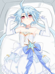 Rule 34 | 1girl, ahoge, blue hair, dress, elbow gloves, gloves, highres, long hair, looking at viewer, lying, neptune (series), on back, on bed, paid reward available, power symbol, power symbol-shaped pupils, red eyes, short hair with long locks, solo, symbol-shaped pupils, white dress, white gloves, white heart (neptunia), zatsu