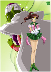 Rule 34 | 1990s (style), absurdres, alien, bishoujo senshi sailor moon, boots, brown hair, cape, clenched hand, crossover, dragon ball, dragonball z, earrings, gloves, green footwear, green theme, highres, jewelry, piccolo, pointy ears, ponytail, sailor jupiter, shoes, skirt, star (symbol), tiara