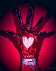 Rule 34 | 1boy, backhand, chris redgrave, close-up, cutout gloves, gloves, hand up, heart, high card, highres, male focus, mojisan (ebimo), red gloves, red sleeves, red theme, shadow, shiny gloves, signature, simple background, solo, spotlight