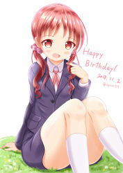 Rule 34 | 1girl, :d, black jacket, black skirt, blush, brown eyes, brown hair, collared shirt, commentary request, dated, gochuumon wa usagi desu ka?, grass, hair ribbon, happy birthday, head tilt, highres, jacket, kneehighs, legs, long hair, long sleeves, low twintails, natsu megumi, neck ribbon, on grass, open mouth, pink ribbon, playing with own hair, polka dot, polka dot ribbon, red ribbon, ribbon, shirt, sitting, skirt, smile, socks, solo, twintails, twitter username, white background, white shirt, white socks, xenon (for achieve)