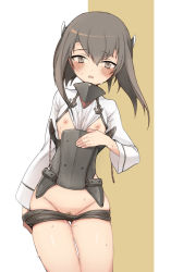 Rule 34 | 10s, 1girl, anchor, blush, breasts, brown eyes, brown hair, clothes pull, female pubic hair, flat chest, kantai collection, looking at viewer, nipples, open mouth, pubic hair, pulled by self, rococolove, shorts, shorts pull, solo, sweat, taihou (kancolle), undressing