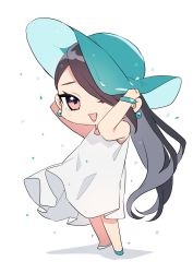 Rule 34 | absurdres, animification, aqua hat, black hair, brown eyes, chibi, earrings, hair behind ear, hand on headwear, hat, highres, jewelry, long hair, looking at viewer, open mouth, sage (valorant), shirasu uni, smile, sun hat, valorant, very long hair, white background