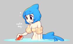 Rule 34 | 1girl, bare shoulders, black eyes, blue hair, cetacean tail, dorsal fin, english text, fang, fins, fish, fish tail, fizintine, grey background, inflatable armbands, navel, no pupils, open mouth, original, petting, short hair, simple background, skin fang, solo, strapless, tail, tori (fizintine), tube top, wading, water