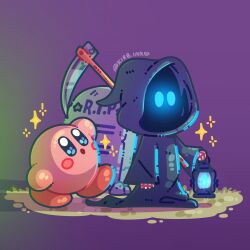 aimaay blue_fire blush commentary english_commentary fire grass highres holding holding_lantern kirby kirby_(series) lantern nintendo purple_background scythe shadow tombstone