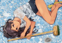Rule 34 | 1girl, broom, brown eyes, brown hair, dark-skinned female, dark skin, empty pool, hairband, headgear, holding, holding broom, i-400 (kancolle), kantai collection, long hair, lying, makio (makiomeigenbot), on side, one-piece swimsuit, pool, sandals, shirt, smile, solo, swimsuit, swimsuit under clothes, tan, wet, wet clothes, white shirt