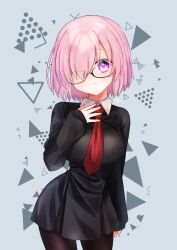 Rule 34 | 1girl, absurdres, black-framed eyewear, black dress, black pantyhose, blush, closed mouth, contrapposto, cowboy shot, dress, fate/grand order, fate (series), glasses, grey background, hair over one eye, harukappa, head tilt, highres, long sleeves, looking at viewer, mash kyrielight, medium hair, necktie, pantyhose, pink hair, pleated dress, purple eyes, red necktie, short dress, smile, solo, standing, straight hair, thigh gap, wing collar