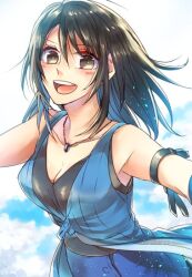 Rule 34 | 1girl, arm warmers, black hair, breasts, brown eyes, cleavage, collarbone, final fantasy, final fantasy viii, jewelry, long hair, looking at viewer, mame0pan, medium breasts, necklace, open mouth, rinoa heartilly, smile, solo