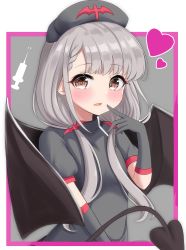 Rule 34 | 1girl, bad id, bad pixiv id, bat hair ornament, black dress, black gloves, black hat, black wings, blush, braid, braided bangs, breasts, brown eyes, commentary request, cosplay, demon girl, demon tail, demon wings, dress, elbow gloves, gloves, grey hair, hair ornament, hair over shoulder, hand up, hat, heart, highres, hisakawa nagi, idolmaster, idolmaster cinderella girls, idolmaster cinderella girls starlight stage, long hair, looking at viewer, low twintails, mitsumine raimu, nabisu (mon-musu quest!), nurse, nurse cap, open mouth, puffy short sleeves, puffy sleeves, short sleeves, small breasts, smile, solo, tail, twintails, upper body, very long hair, wings