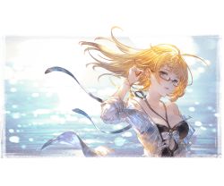 Rule 34 | 1girl, alpha transparency, arm up, bare shoulders, black one-piece swimsuit, blonde hair, blue eyes, blush, bow, bracelet, breasts, brooch, collarbone, friday (granblue fantasy), glasses, granblue fantasy, halterneck, jewelry, large breasts, long hair, looking at viewer, minaba hideo, off shoulder, official art, one-piece swimsuit, open clothes, open shirt, parted lips, red-framed eyewear, semi-rimless eyewear, shirt, solo, swimsuit, transparent background, under-rim eyewear, upper body, white bow, white shirt