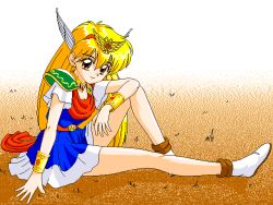 Rule 34 | 1990s (style), 1girl, akazukin chacha, aliasing, bare legs, belt, blonde hair, blue dress, blush, bracelet, brooch, brown eyes, closed mouth, collar, dithering, dress, jewelry, knee up, light smile, long hair, looking at viewer, magical princess, on floor, retro artstyle, short dress, short sleeves, sitting, white footwear, winged hair ornament