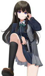 Rule 34 | 1girl, absurdres, black hair, black socks, brown footwear, closed mouth, collared shirt, commentary, green ribbon, gun, hand up, handgun, headset, highres, holding, holding gun, holding weapon, inoue takina, knee up, kneehighs, loafers, long hair, long sleeves, looking at viewer, lycoris recoil, lycoris uniform, mizo, neck ribbon, purple eyes, ribbon, shirt, shoes, simple background, socks, solo, two-tone dress, weapon, white background, white shirt
