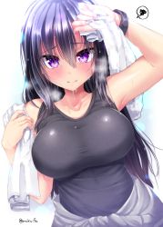 Rule 34 | 1girl, arm up, black hair, blue background, blush, breasts, clothes around waist, collarbone, gradient background, highres, holding, jacket, jacket around waist, large breasts, lens flare, long hair, looking at viewer, mokufuu, original, purple eyes, solo, speech bubble, spoken squiggle, squiggle, sweat, tank top, towel, twitter username, white background
