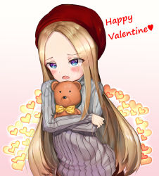 Rule 34 | 1girl, abigail williams (fate), alternate costume, beret, blonde hair, blue eyes, blush, fate/grand order, fate (series), forehead, gradient background, grey sweater, happy valentine, hat, heart, highres, hugging object, long hair, long sleeves, open mouth, parted bangs, pink background, red hat, ribbed sweater, solaris (sinhyg), solo, stuffed animal, stuffed toy, sweater, teddy bear, very long hair, white background