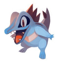 Rule 34 | :d, blue skin, brown eyes, colored skin, creature, creatures (company), full body, game freak, gen 2 pokemon, glitchedpuppet, nintendo, no humans, open mouth, pokemon, pokemon (creature), sharp teeth, simple background, smile, solo, standing, teeth, tongue, totodile, white background