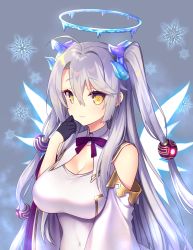 Rule 34 | 1girl, black gloves, bow, breasts, cleavage, closed mouth, commentary request, copyright request, covered navel, curled horns, detached sleeves, dress, gloves, glowing, glowing wings, grey background, grey hair, hair ornament, half gloves, halo, highres, horns, ice, large breasts, long hair, long sleeves, purple bow, sleeveless, sleeveless dress, smile, snowflakes, solo, tahya, two side up, upper body, very long hair, white dress, white sleeves, white wings, wide sleeves, wing collar, wings, yellow eyes